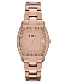 A streamlined silhouette is graced with rosy hues on this Wallace collection watch from Fossil. A streamlined silhouette is graced with rosy hues on this Wallace collection watch from Fossil.