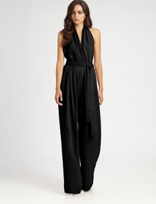 Gorgeous matte tencel cut in a sophisticated halter jumpsuit finished with soft pleating and a waist-nipping belt.Halter necklineCrossover bodiceSelf beltOpen backCenter back zipperBack welt pocketsAbout 65 from shoulder to hemTencelDry cleanImportedModel shown is 5'9 (175cm) wearing US size 4. Gorgeous matte tencel cut in a sophisticated halter jumpsuit finished with soft pleating and a waist-nipping belt.Halter necklineCrossover bodiceSelf beltOpen backCenter back zipperBack welt pocketsAbout 65 from shoulder to hemTencelDry cleanImportedModel shown is 5'9 (175cm) wearing US size 4.