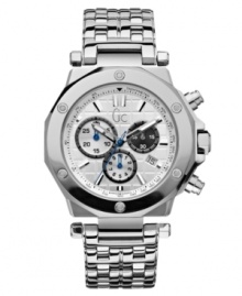 Another technical masterpiece by Gc Swiss Made Timepieces. Crafted of stainless steel bracelet and round case with silver-tone lugs at bezel. Gray grid-patterned chronograph dial features applied silver-tone stick indices, tachymeter scale, date window at four o'clock, three subdials, hour and minute hands, blue second hand and logo. Swiss quartz movement. Water resistant to 100 meters. Ten-year limited warranty. Luxury Gc gift box packaging included. Another technical masterpiece by Gc Swiss Made Timepieces. Crafted of stainless steel bracelet and round case with silver-tone lugs at bezel. Gray grid-patterned chronograph dial features applied silver-tone stick indices, tachymeter scale, date window at four o'clock, three subdials, hour and minute hands, blue second hand and logo. Swiss quartz movement. Water resistant to 100 meters. Ten-year limited warranty. Luxury Gc gift box packaging included.
