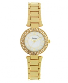 Gilded and gleaming. Make a sophisticated statement with this petite watch by Style&co. Gold-plated mixed metal bracelet and round case. Bezel embellished with crystal accents. Mother-of-pearl dial features applied gold tone numerals at twelve, three, six and nine o'clock, stick indices, three hands and logo. Quartz movement. Splash resistant. Two-year limited warranty.