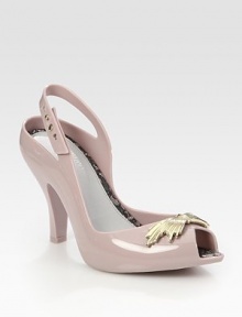 Glassy style with an adjustable slingback strap and unique goldtone bow adornment. Self-covered heel, 4½ (125mm)Rubber upperPadded insoleImported Glassy style with an adjustable slingback strap and unique goldtone bow adornment. Self-covered heel, 4½ (125mm)Rubber upperPadded insoleImported
