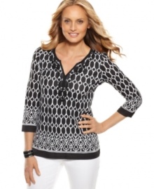 Geometry class: Charter Club offers a top with a striking print and a flattering tunic silhouette for modern style. Rendered from 100% cotton, it's a great choice for warmer days. Geometry class: Charter Club offers a top with a striking print and a flattering tunic silhouette for modern style. Rendered from 100% cotton, it's a great choice for warmer days.