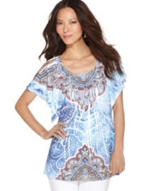 Edgy micro-studs, a bold print and fluttering sleeves...Style&co.'s romantic top truly has it all! Edgy micro-studs, a bold print and fluttering sleeves...Style&co.'s romantic top truly has it all!