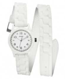 Double down on fresh fashion with this fun watch from GUESS. Features a tonal double-wrap silicone strap for added style. Double down on fresh fashion with this fun watch from GUESS. Features a tonal double-wrap silicone strap for added style.