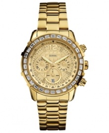 Endless dazzle, by GUESS. This chronograph watch shines with crystal accents and golden tones.