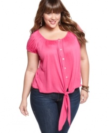 Tie up a super-sweet look with American Rag's short sleeve plus size top-- pair it with your fave jeans! Tie up a super-sweet look with American Rag's short sleeve plus size top-- pair it with your fave jeans!