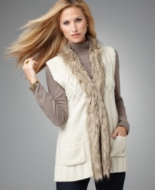 Chic faux fur pumps up a chunky knit vest in this look from Style&co. Layer it with anything from jeans to maxi skirts! (Clearance) Chic faux fur pumps up a chunky knit vest in this look from Style&co. Layer it with anything from jeans to maxi skirts! (Clearance)