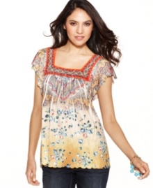 Prettier than your average peasant top, One World freshens up this look with kicky print and a squared-off, crochet-trimmed neckline! Prettier than your average peasant top, One World freshens up this look with kicky print and a squared-off, crochet-trimmed neckline!