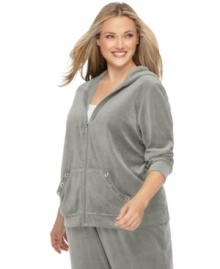 Grommets lend a cool edge to On Que's plus size hoodie, crafted from ultra-soft velour-- make it a set with the matching pants. (Clearance) Grommets lend a cool edge to On Que's plus size hoodie, crafted from ultra-soft velour-- make it a set with the matching pants. (Clearance)