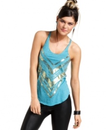 A faded, metallic screen print lends vintage inspiration to this speckled tank from Material Girl! Toss the top on with a pair of leggings for a look that totally nails street-smart style. A faded, metallic screen print lends vintage inspiration to this speckled tank from Material Girl! Toss the top on with a pair of leggings for a look that totally nails street-smart style.