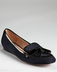 Dark, inky hues take form in soft suede and slick patent on Jean-Michel Cazabat's bookish Romaine flats--a loafer-inspired shoe with academic appeal. Dark, inky hues take form in soft suede and slick patent on Jean-Michel Cazabat's bookish Romaine flats--a loafer-inspired shoe with academic appeal.