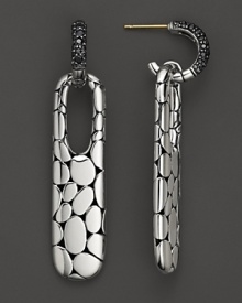 Gracefully angled hoop earrings, adorned with black sapphire, From John Hardy's Kali Lava collection. Gracefully angled hoop earrings, adorned with black sapphire, From John Hardy's Kali Lava collection.