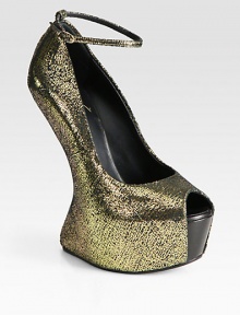 Secured by an adjustable ankle strap, this sculpted wedge has a printed metallic suede upper and peep toe. Sculpted wedge, 6 (150mm)Covered platform, 2 (50mm)Compares to a 4 heel (100mm)Printed metallic suede upperLeather lining and solePadded insoleMade in Italy Secured by an adjustable ankle strap, this sculpted wedge has a printed metallic suede upper and peep toe. Sculpted wedge, 6 (150mm)Covered platform, 2 (50mm)Compares to a 4 heel (100mm)Printed metallic suede upperLeather lining and solePadded insoleMade in Italy