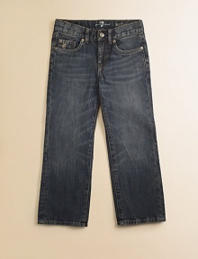 Featuring an adjustable waist for a comfortable fit and a rugged, faded look, he will definitely look cool this season. Button closureZip flyFive-pocket styleAdjustable waistbandBelt loopsMetal rivet details Distressed details along pocketsCottonMachine washImported Featuring an adjustable waist for a comfortable fit and a rugged, faded look, he will definitely look cool this season. Button closureZip flyFive-pocket styleAdjustable waistbandBelt loopsMetal rivet details Distressed details along pocketsCottonMachine washImported