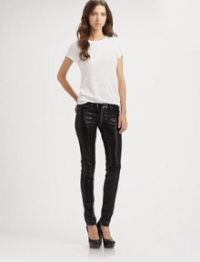 Textured, high-shine finish gives these leggings-style skinnies a leather-like look. THE FITRise, about 7Inseam, about 31Leg opening, about 10½THE DETAILSButton closureZip flyFive-pocket styleSupima cotton/cotton/modal/polyurethaneMachine washMade in USA of imported fabricModel shown is 5'11 (178cm) wearing US size 4. Textured, high-shine finish gives these leggings-style skinnies a leather-like look. THE FITRise, about 7Inseam, about 31Leg opening, about 10½THE DETAILSButton closureZip flyFive-pocket styleSupima cotton/cotton/modal/polyurethaneMachine washMade in USA of imported fabricModel shown is 5'11 (178cm) wearing US size 4.