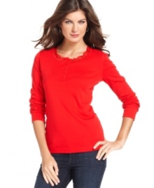 Jones New York Signature's henley top is a feminine take on a casual staple, thanks to pretty lace at the neckline. Jones New York Signature's henley top is a feminine take on a casual staple, thanks to pretty lace at the neckline.