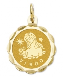 Tell everyone your sign in style! This scalloped and polished disc charm features the Virgo Zodiac in 14k gold. Chain not included. Approximate length: 9/10 inch. Approximate width: 3/5 inch. Tell everyone your sign in style! This scalloped and polished disc charm features the Virgo Zodiac in 14k gold. Chain not included. Approximate length: 9/10 inch. Approximate width: 3/5 inch.