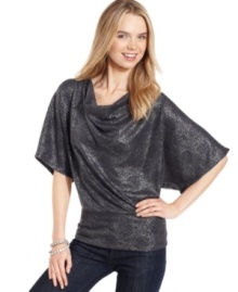 NY Collection's luminous metallic cowlneck top features dramatic sleeves and a look that's ready for a night on the town. NY Collection's luminous metallic cowlneck top features dramatic sleeves and a look that's ready for a night on the town.