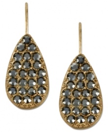 Kenneth Cole New York puts on a dazzling display in this pair of teardrop earrings. Crafted from gold-tone mixed metal, the earrings feature rows of pave glass crystal accents for a shining statement. Approximate drop: 1 inch. Kenneth Cole New York puts on a dazzling display in this pair of teardrop earrings. Crafted from gold-tone mixed metal, the earrings feature rows of pave glass crystal accents for a shining statement. Approximate drop: 1 inch.