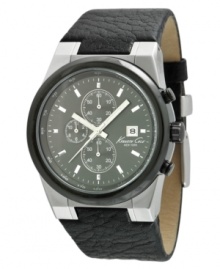 Great style is timeless. This Kenneth Cole New York watch features a croc-embossed black leather strap and round gunmetal ion-plated stainless steel case. Brass sunray gunmetal dial with stainless steel stick indices, logo, date window and three subdials. Quartz movement. Water resistant to 100 meters. Limited lifetime warranty. Great style is timeless. This Kenneth Cole New York watch features a croc-embossed black leather strap and round gunmetal ion-plated stainless steel case. Brass sunray gunmetal dial with stainless steel stick indices, logo, date window and three subdials. Quartz movement. Water resistant to 100 meters. Limited lifetime warranty.