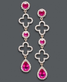 A blooming sensation! Effy Collection's glamorous geometric earrings feature cut-out floral shapes, round and pear-cut rubies (2-5/8 ct. t.w.), round-cut diamonds (3/4 ct. t.w.), and a trendy 14k rose gold setting. Approximate drop: 2 inches. A blooming sensation! Effy Collection's glamorous geometric earrings feature cut-out floral shapes, round and pear-cut rubies (2-5/8 ct. t.w.), round-cut diamonds (3/4 ct. t.w.), and a trendy 14k rose gold setting. Approximate drop: 2 inches.
