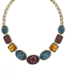 Sweet style. 2028's pretty collar necklace features plastic amethyst intaglio, smoky topaz and indicolite stones in differing shapes. Set in gold tone mixed metal. Approximate length: 16 inches + 3-inch extender. Sweet style. 2028's pretty collar necklace features plastic amethyst intaglio, smoky topaz and indicolite stones in differing shapes. Set in gold tone mixed metal. Approximate length: 16 inches + 3-inch extender.