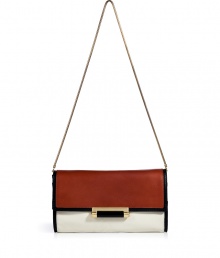 With a cool colorblock and modern black trim, Diane von Furstenbergs tri-tone leather clutch lends a contemporary edge to day and evening looks alike - Flap with matte push-lock bar closure, back slot pocket, removable snake-chain shoulder strap, inside zippered back wall pocket and card slot, gold-toned hardware - Wear during the day with edgy separates, or carry as a clutch at night with sleek cocktail frocks With a cool colorblock and modern black trim, Diane von Furstenbergs tri-tone leather clutch lends a contemporary edge to day and evening looks alike - Flap with matte push-lock bar closure, back slot pocket, removable snake-chain shoulder strap, inside zippered back wall pocket and card slot, gold-toned hardware - Wear during the day with edgy separates, or carry as a clutch at night with sleek cocktail frocks