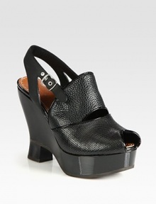 Embossed leather slide with an adjustable leather slingback and a chunky patent leather wedge with a rubber and wood insert. Patent leather wedge with rubber and wooden insert, 4½ (115mm)Covered platform, 1 (25mm)Compares to a 3½ heel (90mm)Leather and embossed leather upperLeather liningRubber solePadded insoleMade in ItalyOUR FIT MODEL RECOMMENDS ordering one size up as this style runs small. 