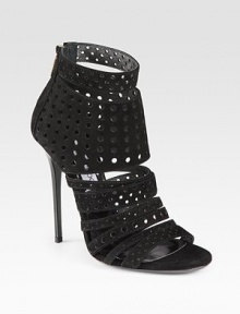A fierce lacquered heel lifts this silhouette in rich Italian suede with skin-baring perforated details. Lacquered heel, 4¾ (120mm)Suede upperBack zipLeather lining and solePadded insoleMade in Italy A fierce lacquered heel lifts this silhouette in rich Italian suede with skin-baring perforated details. Lacquered heel, 4¾ (120mm)Suede upperBack zipLeather lining and solePadded insoleMade in Italy