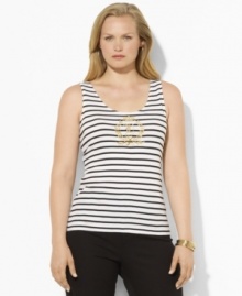 Lauren by Ralph Lauren's classic striped cotton plus size tee is embellished with a gold-tone crest at the front for regal style. Lauren by Ralph Lauren's classic striped cotton plus size tee is embellished with a gold-tone crest at the front for regal style.