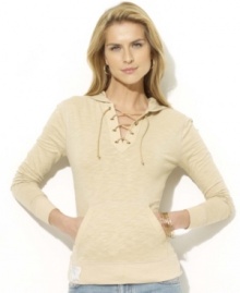 Imbued with rustic romance, this Lauren Jeans Co. long-sleeved hoodie is crafted from lightweight slub cotton jersey with faux-suede laces at the placket for an effortlessly chic look. Imbued with rustic romance, this Lauren Jeans Co. long-sleeved hoodie is crafted from lightweight slub cotton jersey with faux-suede laces at the placket for an effortlessly chic look.