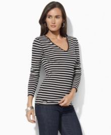 Chic sailor stripes infuse Lauren by Ralph Lauren's classic cotton jersey V-neck with breezy maritime style. Chic sailor stripes infuse Lauren by Ralph Lauren's classic cotton jersey V-neck with breezy maritime style.