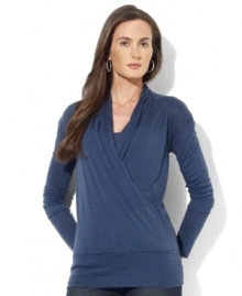 Lauren Ralph Lauren's essential faux-wrap top is rendered in comfortable stretch jersey with an elegantly draped front for modern appeal. Lauren Ralph Lauren's essential faux-wrap top is rendered in comfortable stretch jersey with an elegantly draped front for modern appeal.