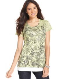 Style&co. Sport goes glam with sparkling rhinestones atop a pretty printed tee. Perfect for running around or simply lounging at home. Style&co. Sport goes glam with sparkling rhinestones atop a pretty printed tee. Perfect for running around or simply lounging at home.