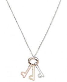 Keep your style under lock and key with this tri-tone key pendant necklace from Fossil. Crafted in rose-gold tone, shiny gold tone and silver tone steel. Approximate length: 21 inches + 2-inch extender. Approximate drop: 2 inches. Keep your style under lock and key with this tri-tone key pendant necklace from Fossil. Crafted in rose-gold tone, shiny gold tone and silver tone steel. Approximate length: 21 inches + 2-inch extender. Approximate drop: 2 inches.