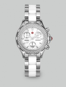 From the Tahitian Collection. Brilliant, faceted diamonds adorn the bezel of a Swiss-made, stainless steel and white ceramic design in a timeless expression of luxury and style. Swiss quartz chronograph movement Water-resistant to 5 ATM Diamond bezel; 0.47 tcw Stainless steel case; 35mm (1.38) K1 mineral crystal round face Three chronograph sub dials Date display at 6 o'clock Second hand Ceramic link bracelet; 18mm wide (0.71) Imported From the Tahitian Collection. Brilliant, faceted diamonds adorn the bezel of a Swiss-made, stainless steel and white ceramic design in a timeless expression of luxury and style. Swiss quartz chronograph movement Water-resistant to 5 ATM Diamond bezel; 0.47 tcw Stainless steel case; 35mm (1.38) K1 mineral crystal round face Three chronograph sub dials Date display at 6 o'clock Second hand Ceramic link bracelet; 18mm wide (0.71) Imported