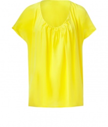 Stylish top in fine, pure lemon yellow silk - Super-soft, lightweight fabric drapes like a dream - Chic smocked style with short sleeves and round, gathered neckline - Gentle pleating throughout bodice - An elegant, versatile basic in a vibrant shade - Dress up with a cropped jacket, pencil skirt and peep toe pumps, or go for a more casual look with skinny denim and sandals Stylish top in fine, pure lemon yellow silk - Super-soft, lightweight fabric drapes like a dream - Chic smocked style with short sleeves and round, gathered neckline - Gentle pleating throughout bodice - An elegant, versatile basic in a vibrant shade - Dress up with a cropped jacket, pencil skirt and peep toe pumps, or go for a more casual look with skinny denim and sandals