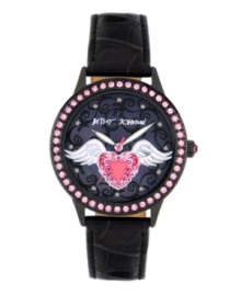 Set your heart aflutter! Betsey Johnson decked out this watch with tattoo-inspired graphics. Black croc-embossed leather strap and round black-plated stainless steel case. Bezel embellished with pink crystal accents. Black mother-of pearl dial features black scrolls, red heart graphic with white wings, silver tone dot markers, three hands and logo. Quartz movement. Water resistant to 30 meters. Two-year limited warranty. Set your heart aflutter! Betsey Johnson decked out this watch with tattoo-inspired graphics. Black croc-embossed leather strap and round black-plated stainless steel case. Bezel embellished with pink crystal accents. Black mother-of pearl dial features black scrolls, red heart graphic with white wings, silver tone dot markers, three hands and logo. Quartz movement. Water resistant to 30 meters. Two-year limited warranty.