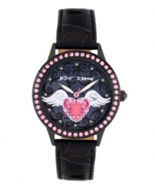 Set your heart aflutter! Betsey Johnson decked out this watch with tattoo-inspired graphics. Black croc-embossed leather strap and round black-plated stainless steel case. Bezel embellished with pink crystal accents. Black mother-of pearl dial features black scrolls, red heart graphic with white wings, silver tone dot markers, three hands and logo. Quartz movement. Water resistant to 30 meters. Two-year limited warranty.