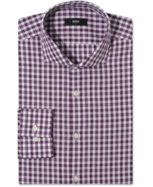Get squared away. This Hugo Boss dress shirt takes a casual pattern and dresses it up for your nine-to-five rotation. Get squared away. This Hugo Boss dress shirt takes a casual pattern and dresses it up for your nine-to-five rotation.