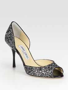 For an eye-catching look, a glittery peep toe d'Orsay silhouette is the perfect choice. Metal heel, 3¾ (95mm)Glitter-coated fabric upperPeep toeLeather lining and solePadded insoleMade in Italy For an eye-catching look, a glittery peep toe d'Orsay silhouette is the perfect choice. Metal heel, 3¾ (95mm)Glitter-coated fabric upperPeep toeLeather lining and solePadded insoleMade in Italy
