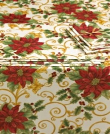 Truly grand, the Winter Elegance table in a bag features a tablecloth, placemats and napkins, together in one set. Poinsettia blossoms, lush holly and scrolling gold accents on pure white make a festive holiday backdrop. Truly grand, the Winter Elegance table in a bag features a tablecloth, placemats and napkins, together in one set. Poinsettia blossoms, lush holly and scrolling gold accents on pure white make a festive holiday backdrop.