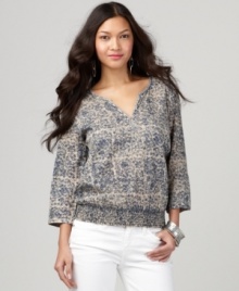Lucky Brand Jeans romanticizes the peasant top with an inky floral print and a smattering of tiny sequins at the neckline. Add a pair of dangly earrings and your favorite denim for a flawless casual look. Lucky Brand Jeans romanticizes the peasant top with an inky floral print and a smattering of tiny sequins at the neckline. Add a pair of dangly earrings and your favorite denim for a flawless casual look.