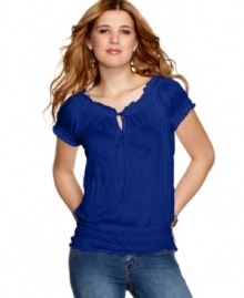 Planet Gold adds texture to the peasant blouse with this cool and crinkled style! Pair it with your comfy jeans for an easygoing weekend look! Planet Gold adds texture to the peasant blouse with this cool and crinkled style! Pair it with your comfy jeans for an easygoing weekend look!