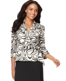 Alex Evenings makes choosing your evening ensemble like black and white-literally so in the case of this printed blouse, complete with a chic shawl collar and tie at the waist. Alex Evenings makes choosing your evening ensemble like black and white-literally so in the case of this printed blouse, complete with a chic shawl collar and tie at the waist.