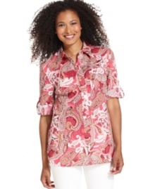 A classic paisley print brings Karen Scott's shirt to life. Pair it with white jeans for summer and khakis for fall! A classic paisley print brings Karen Scott's shirt to life. Pair it with white jeans for summer and khakis for fall!