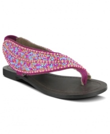 Beaded up all the way around. Mia's Tyra flat sandals feature a beautiful wave of intricate beading and a comfy elastic band at the back. Beaded up all the way around. Mia's Tyra flat sandals feature a beautiful wave of intricate beading and a comfy elastic band at the back.