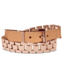 Inspired by classic belt silhouettes, this Michael Kors bracelet features watch links in rosy hues and a leather buckle. Crafted in rose-gold tone steel. Approximate length: 16 inches. Approximate width: 1/2 inch. Inspired by classic belt silhouettes, this Michael Kors bracelet features watch links in rosy hues and a leather buckle. Crafted in rose-gold tone steel. Approximate length: 16 inches. Approximate width: 1/2 inch.