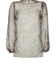 Modern blouse in sheer, grey silk - Trendy snake print - Lightweight and delicate - Narrow tunic shape with a round neck and long sleeves - Casual silhouette with slightly longer back than front - Single button closer at back - Try with leather leggings, blazer and peep toes or with skinny jeans and sandals Modern blouse in sheer, grey silk - Trendy snake print - Lightweight and delicate - Narrow tunic shape with a round neck and long sleeves - Casual silhouette with slightly longer back than front - Single button closer at back - Try with leather leggings, blazer and peep toes or with skinny jeans and sandals