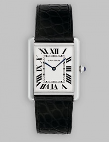 Large stainless steel Tank® design with black alligator strap. Quartz movement Case, 34mm X 27 mm, 1.33 x 1.06 Silvered opaline dial Adjustable deployant buckle 6 adjustable strap Made in Switzerland Large stainless steel Tank® design with black alligator strap. Quartz movement Case, 34mm X 27 mm, 1.33 x 1.06 Silvered opaline dial Adjustable deployant buckle 6 adjustable strap Made in Switzerland